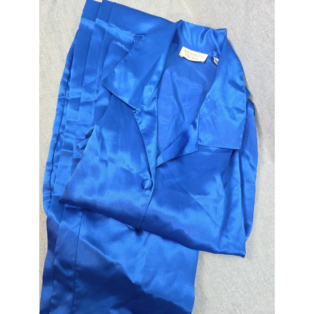 Victorias Secret Gold Label Satin Pajama Set M Vintage Lounge Royal Blue Retro